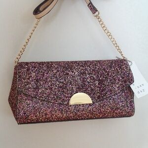 NWT Multi Pink Gold Blue Glitter Magnetic Closure & Gold Chain Crossbody Bag